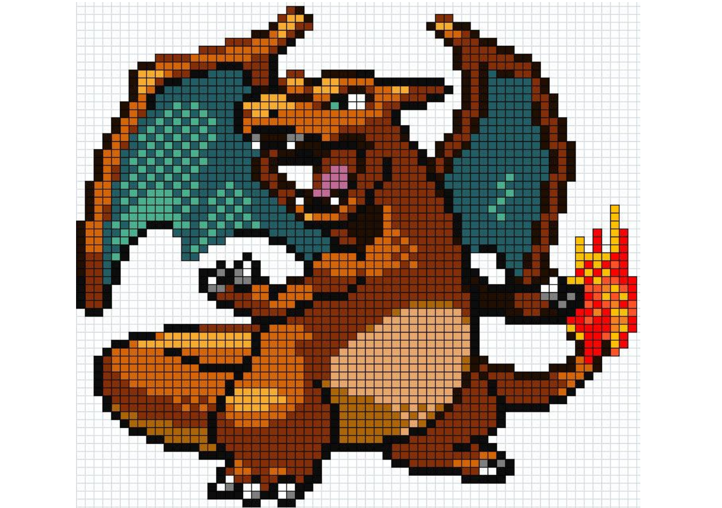 Pixel art of a simplified Charizard character