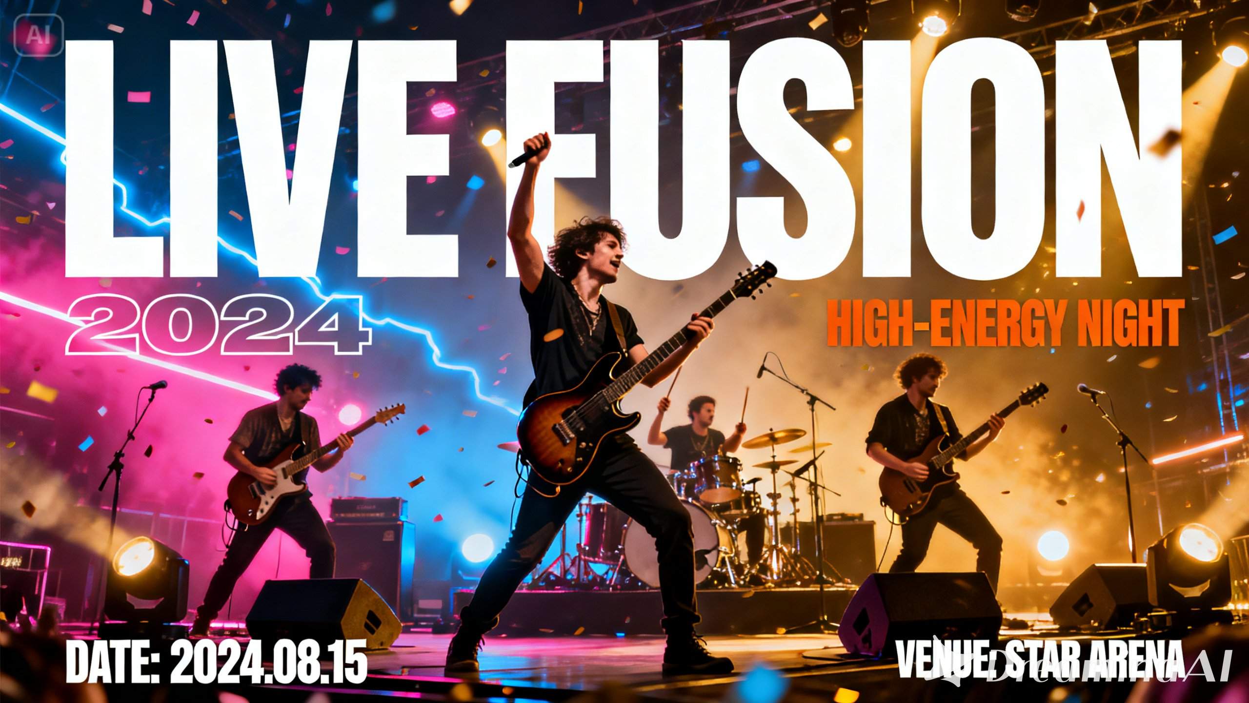 poster of a live music concert, full of energy, bright colors