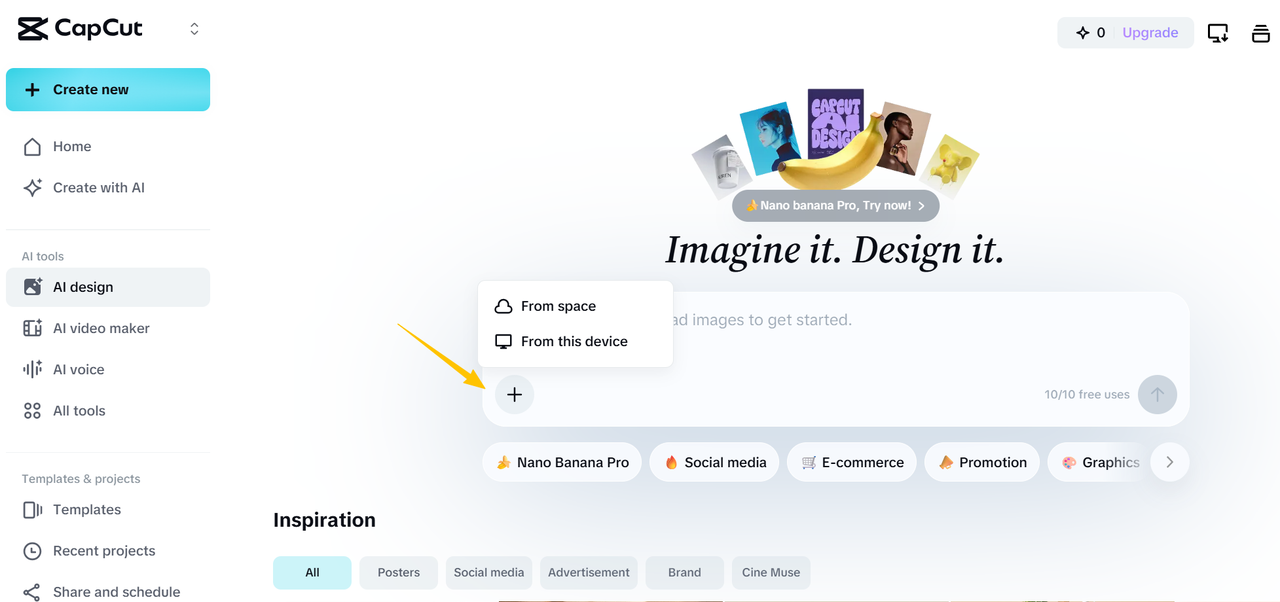 upload your product image on CapCut