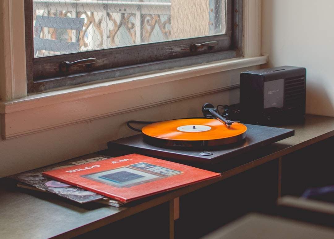 Bir vinil plak dönen eski bir plak çaların yakın çekim çekimi. Frank Ocean 'ın albüm estetiğini hatırlatan turuncu ve sarışın girdapları içeren albüm sanatı soyut. Aydınlatma sıcak ve karamsar.