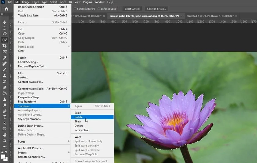 Select a part of the image to rotate in Photoshop