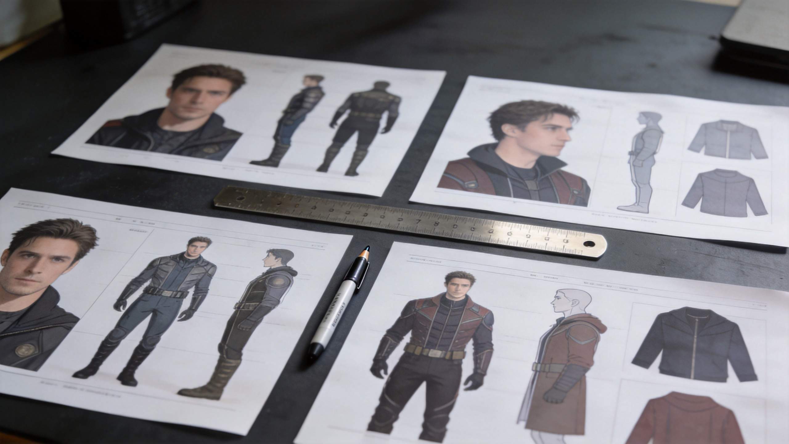 Character concept sheets and outfit designs spread on a table with a ruler and pen