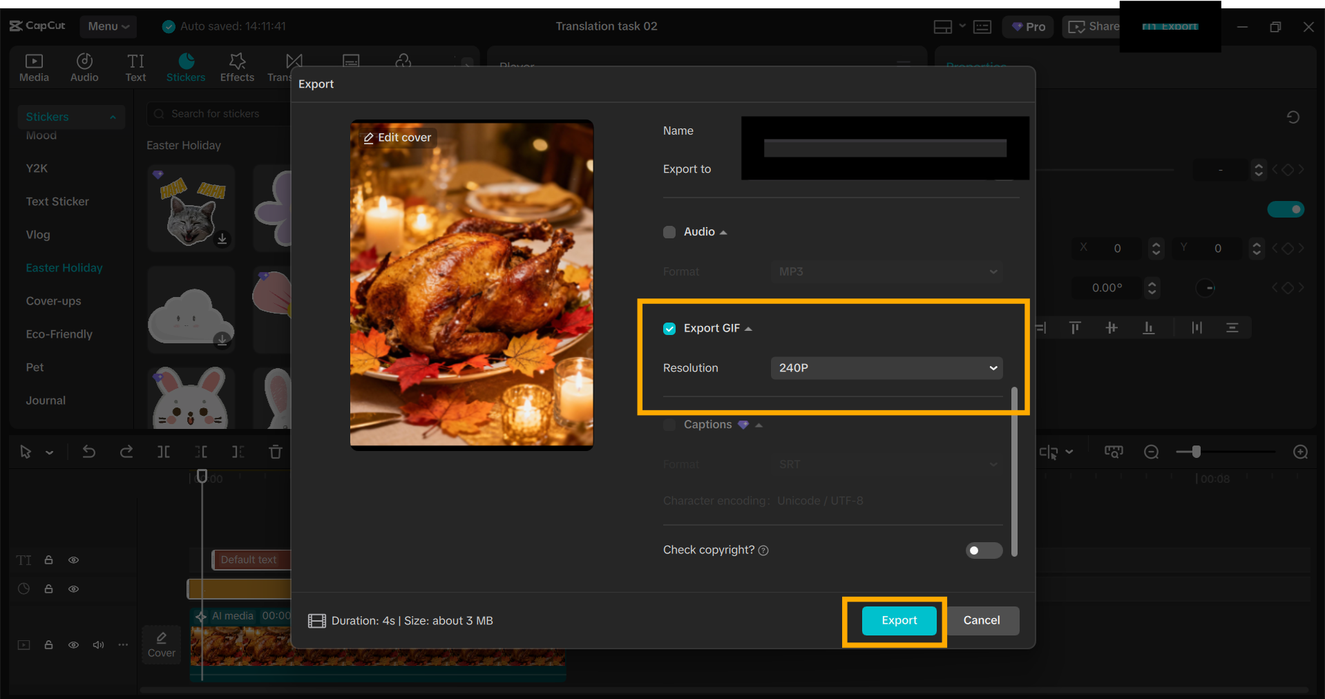 Thanksgiving clipart export in PNG and GIF formats using CapCut PC