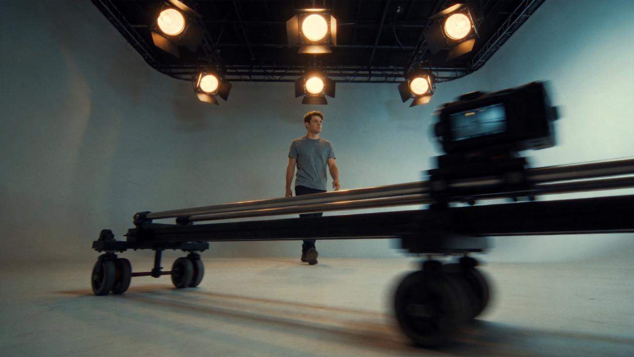 Film camera dolly crossing a studio floor as a man stands under bright lights
