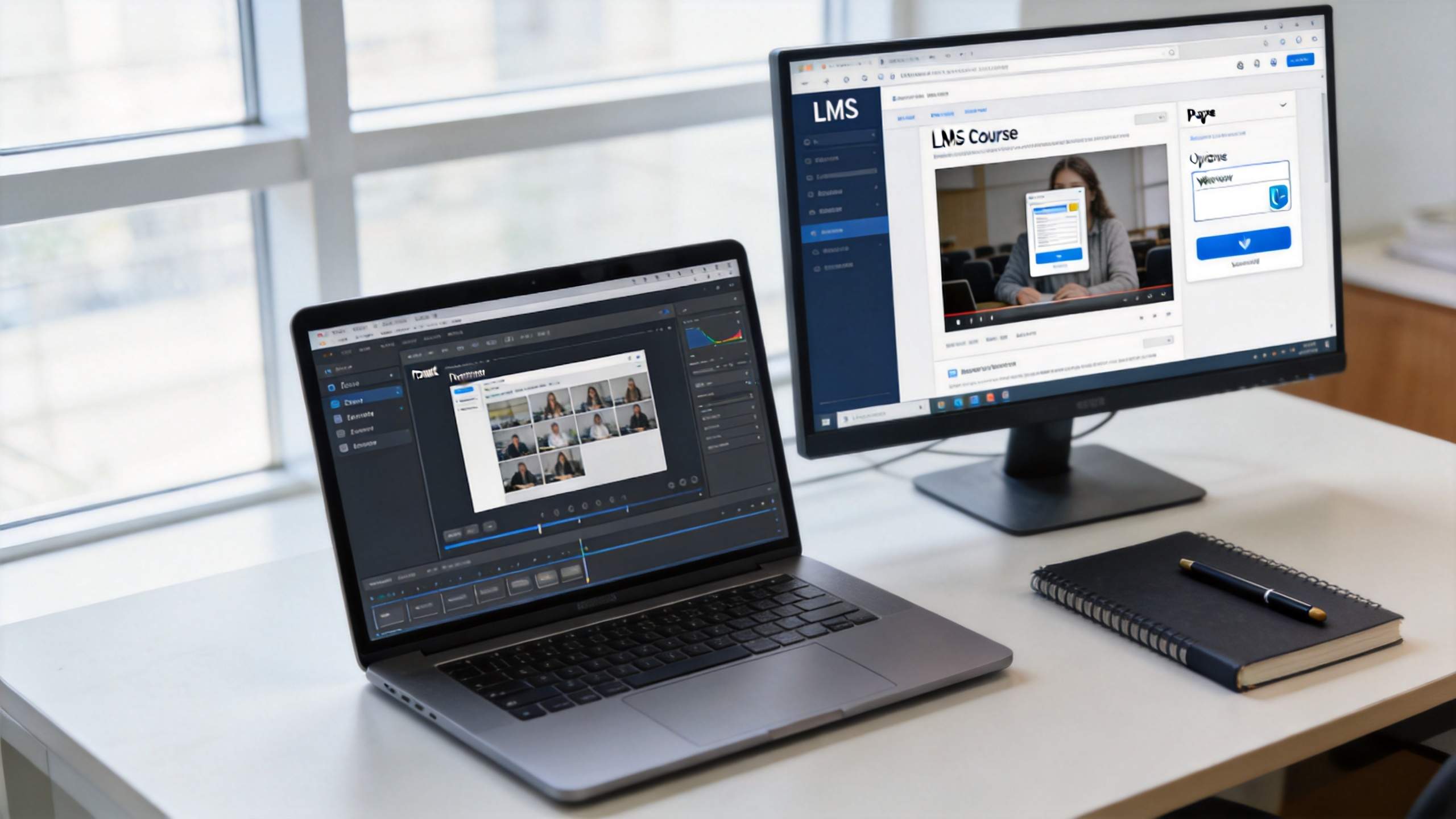 Laptop editing a slideshow video next to a monitor showing an LMS course upload page
