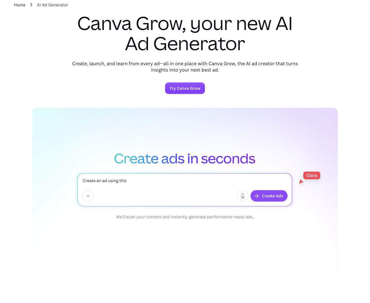 Canva Grow的公共頁面顯示了其AI廣告生成器標題和帶有建立廣告提示框的供應商演示