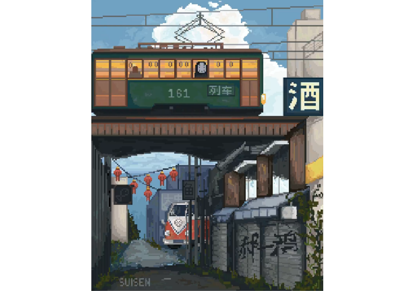 Pixel art of a city train with night lights