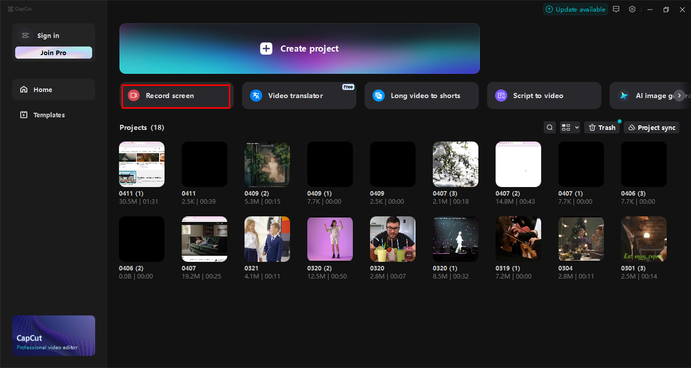 Recording the screen in the CapCut desktop video editor