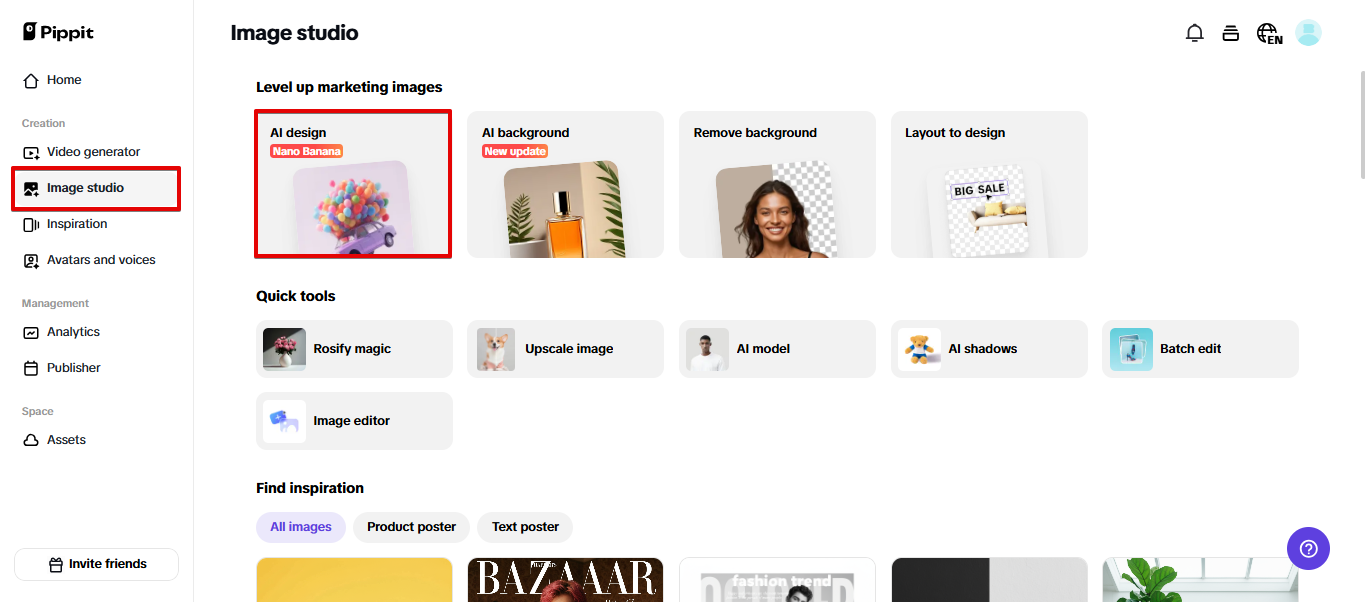 Abrindo a ferramenta de design AI do Pippit