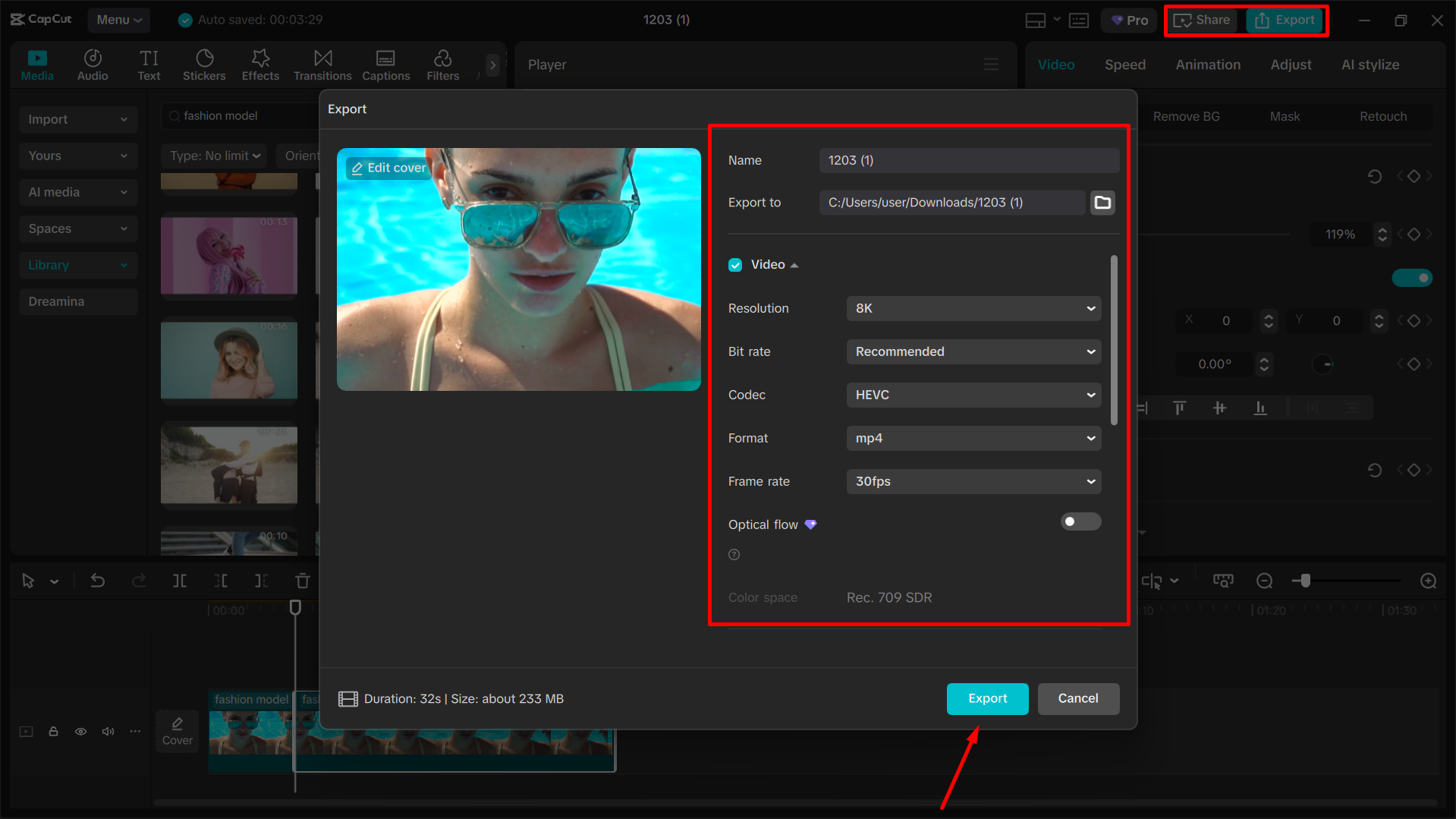 Exporting the final video from the CapCut desktop video editor