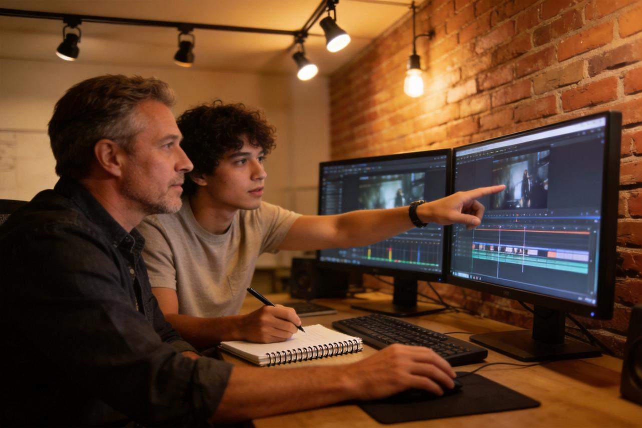 Two editors review a video timeline on dual monitors at a desk