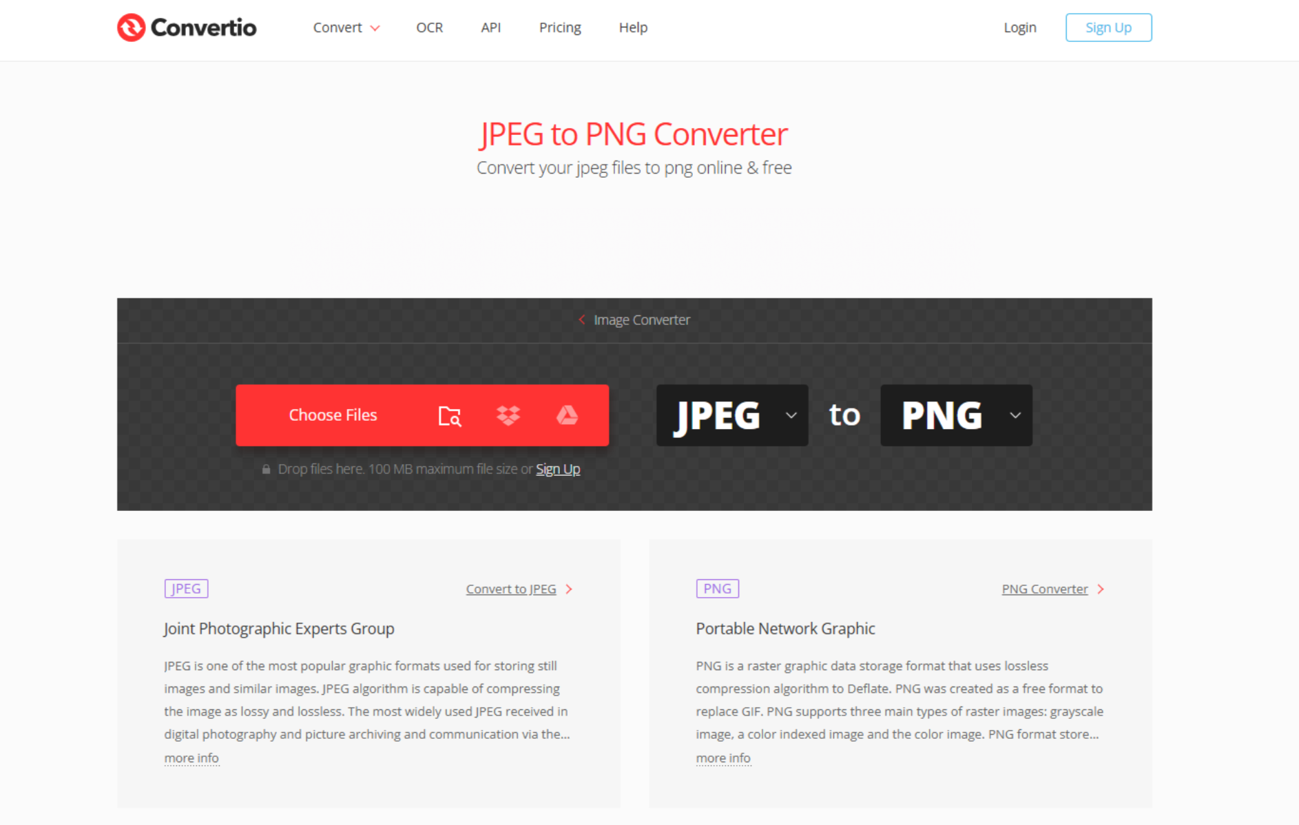 Interface of Convertio - the most liked online JPEG to PNG converter