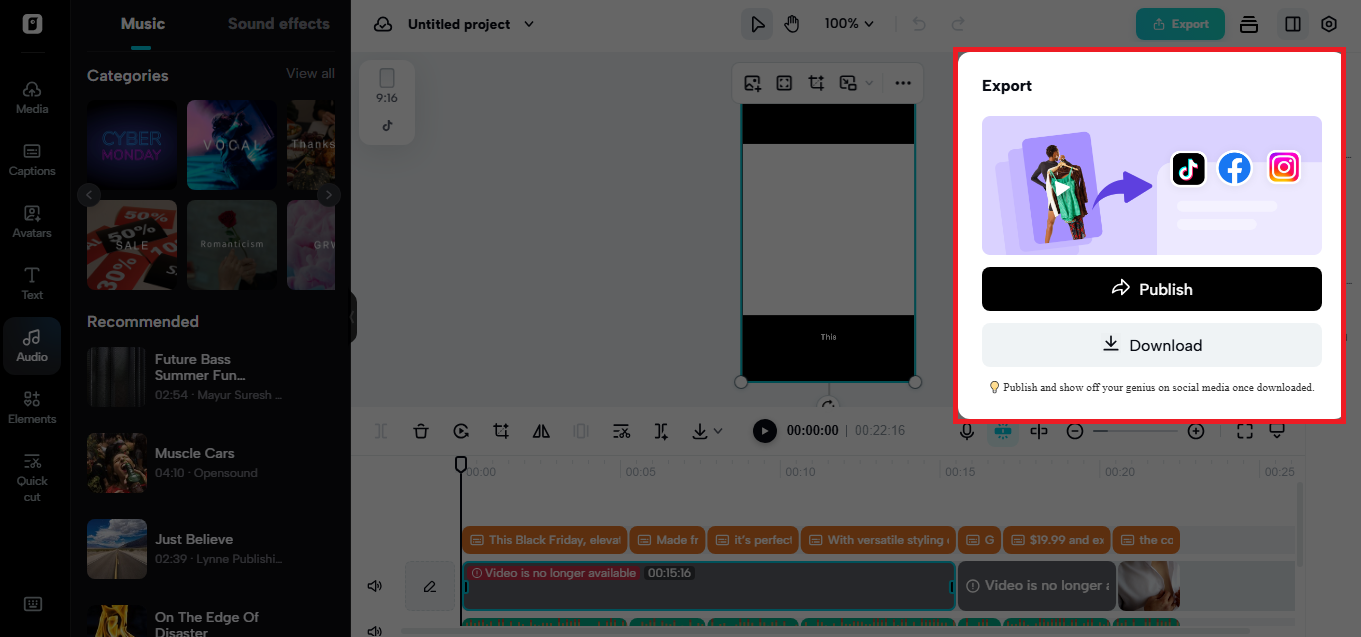 Export and Publishing options on Pippit's video editor