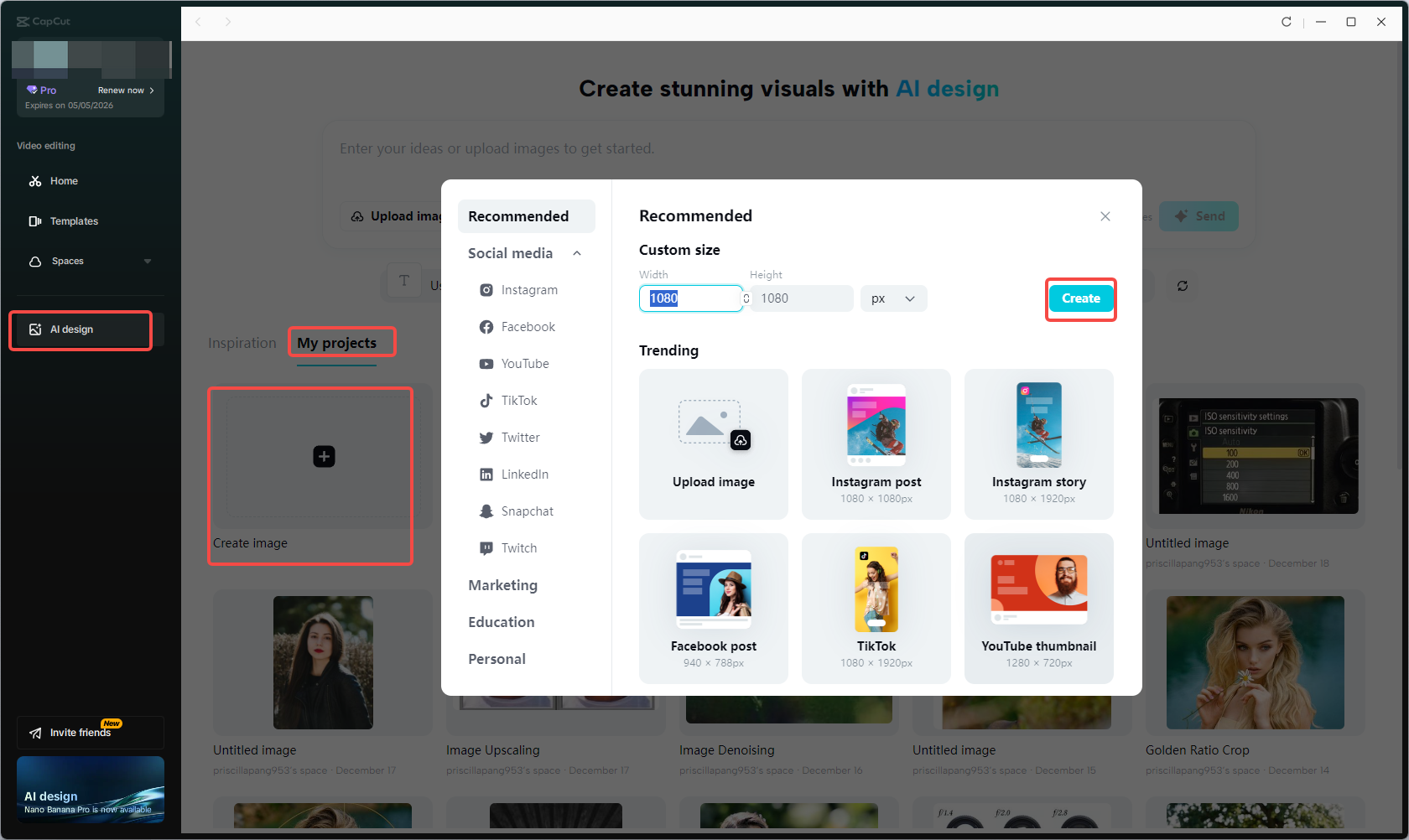 Accessing the AI design feature in CapCut