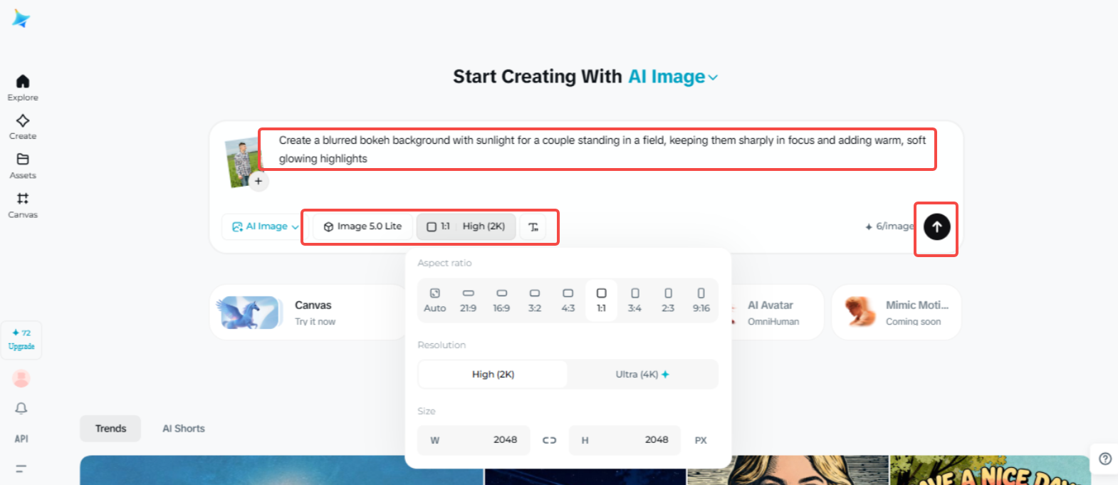 Creating the bokeh effect in photos in Dreamina
