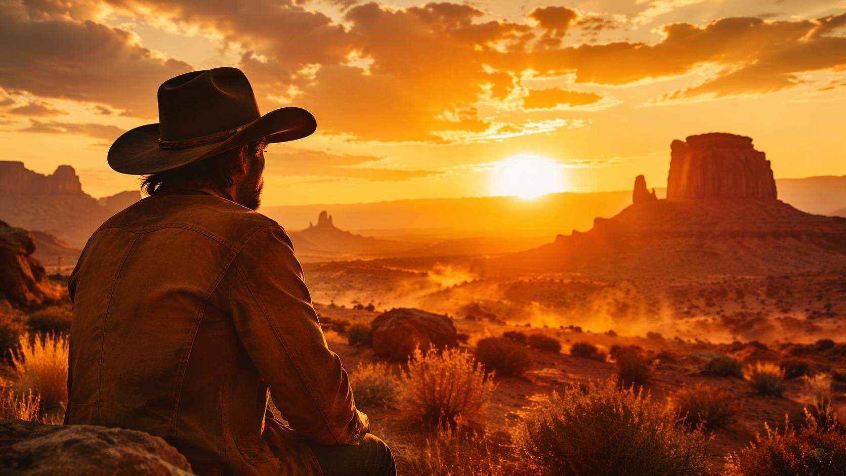 Dreamina chapéu de cowboy filtro prompt card 3: Golden hour deserto cowboy