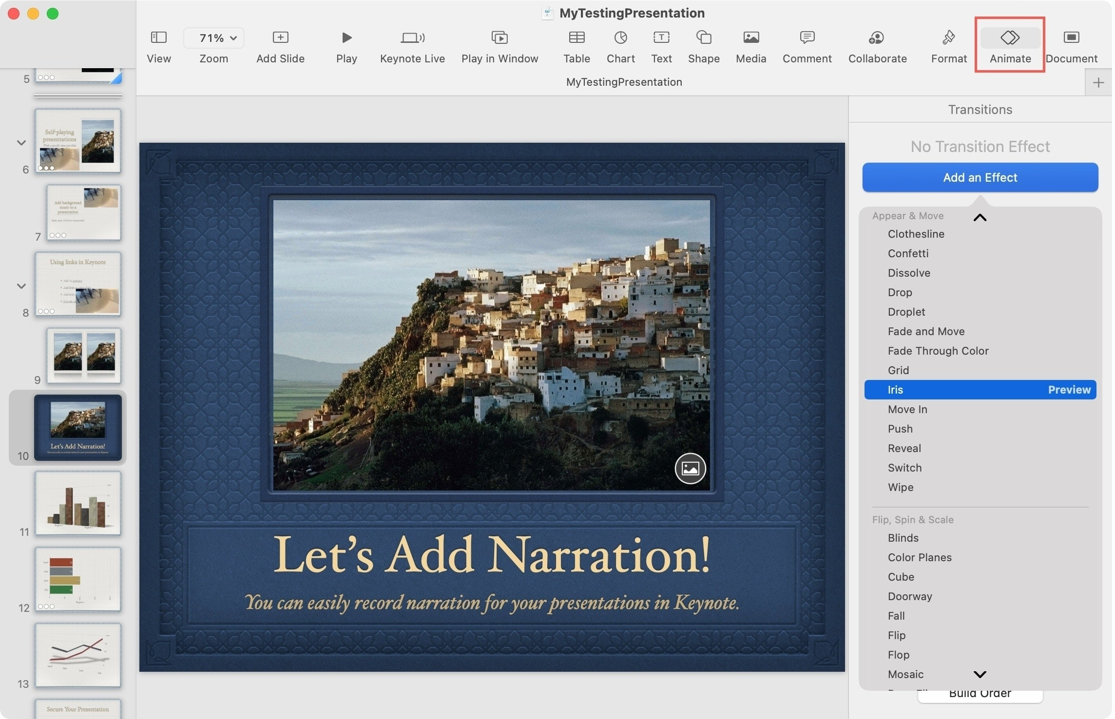Add effects, transitions, and music to the slideshow you created