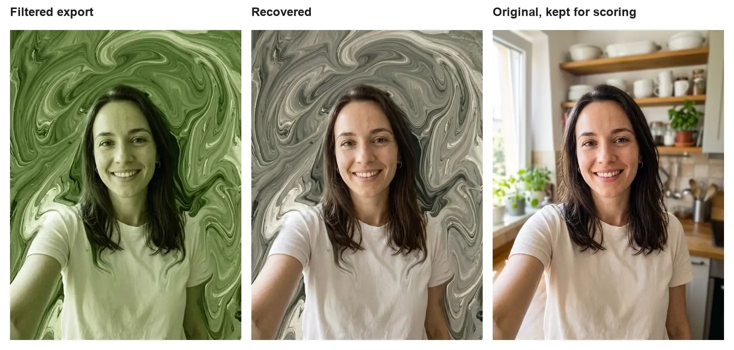 Side-by-side woman selfie: filtered green, recovered neutral, and original kitchen background