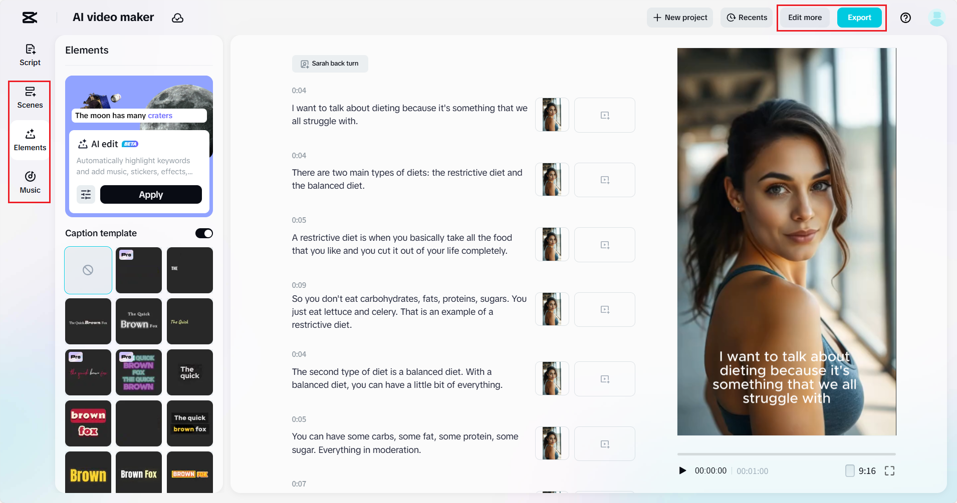 Modify the script, scenes, captions and music