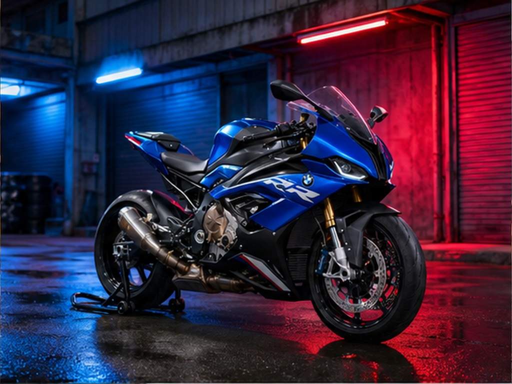 Gemini BMW S1000RR Bike Prompts prompt example 2 - Neon warehouse night