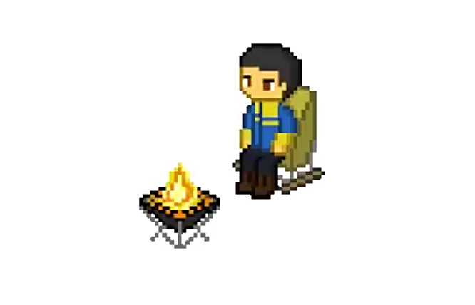 Pixel art of a cozy glowing campfire
