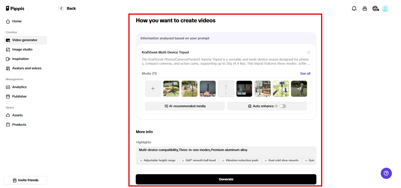 Generating video in Pippit