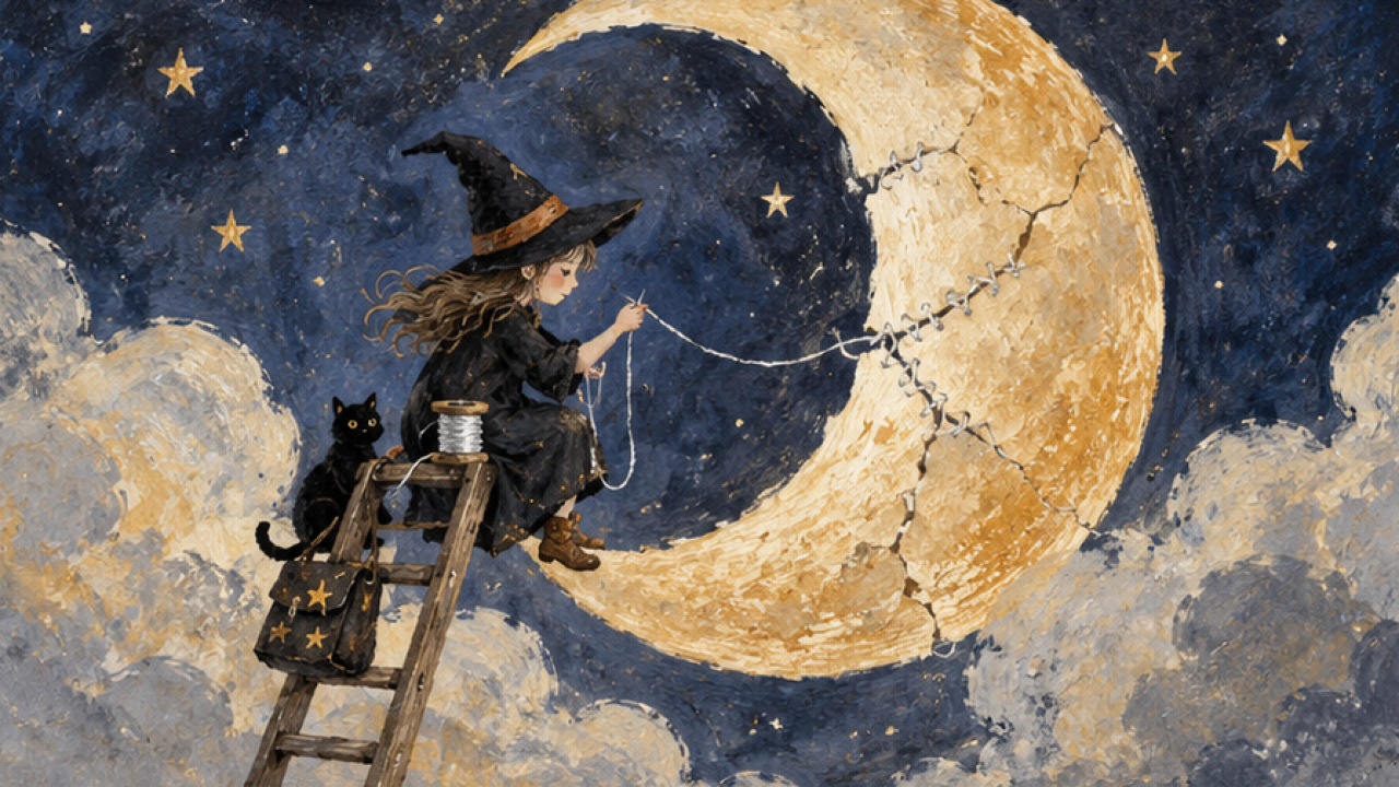 Tiny witch stitching a crescent moon with silver thread, indigo and ochre gouache texture, airy original storybook illustration.