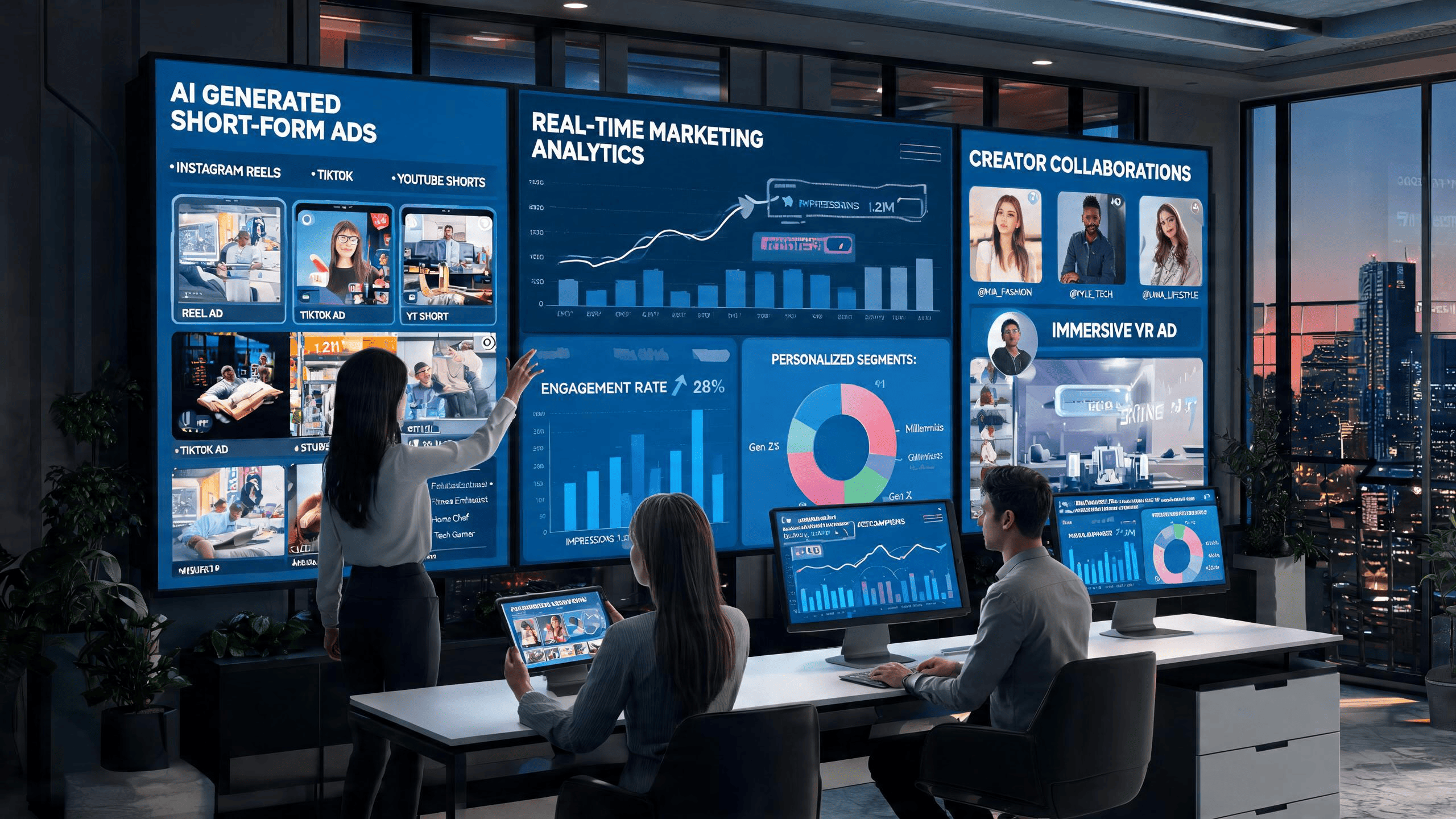Echipa de marketing care utilizează instrumente bazate pe AI pentru a crea campanii publicitare moderne și pentru a analiza tendințele publicității digitale în 2026.