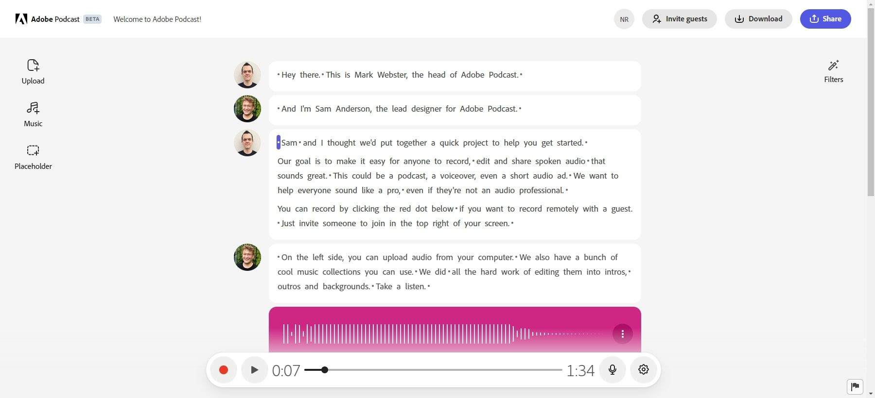 Interface ng Adobe Podcast - AI podcast voice enhancer