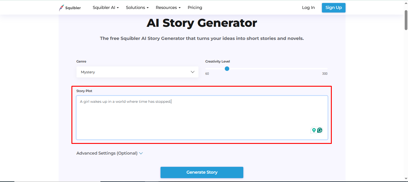 Entering the story idea in Squibler AI story writer