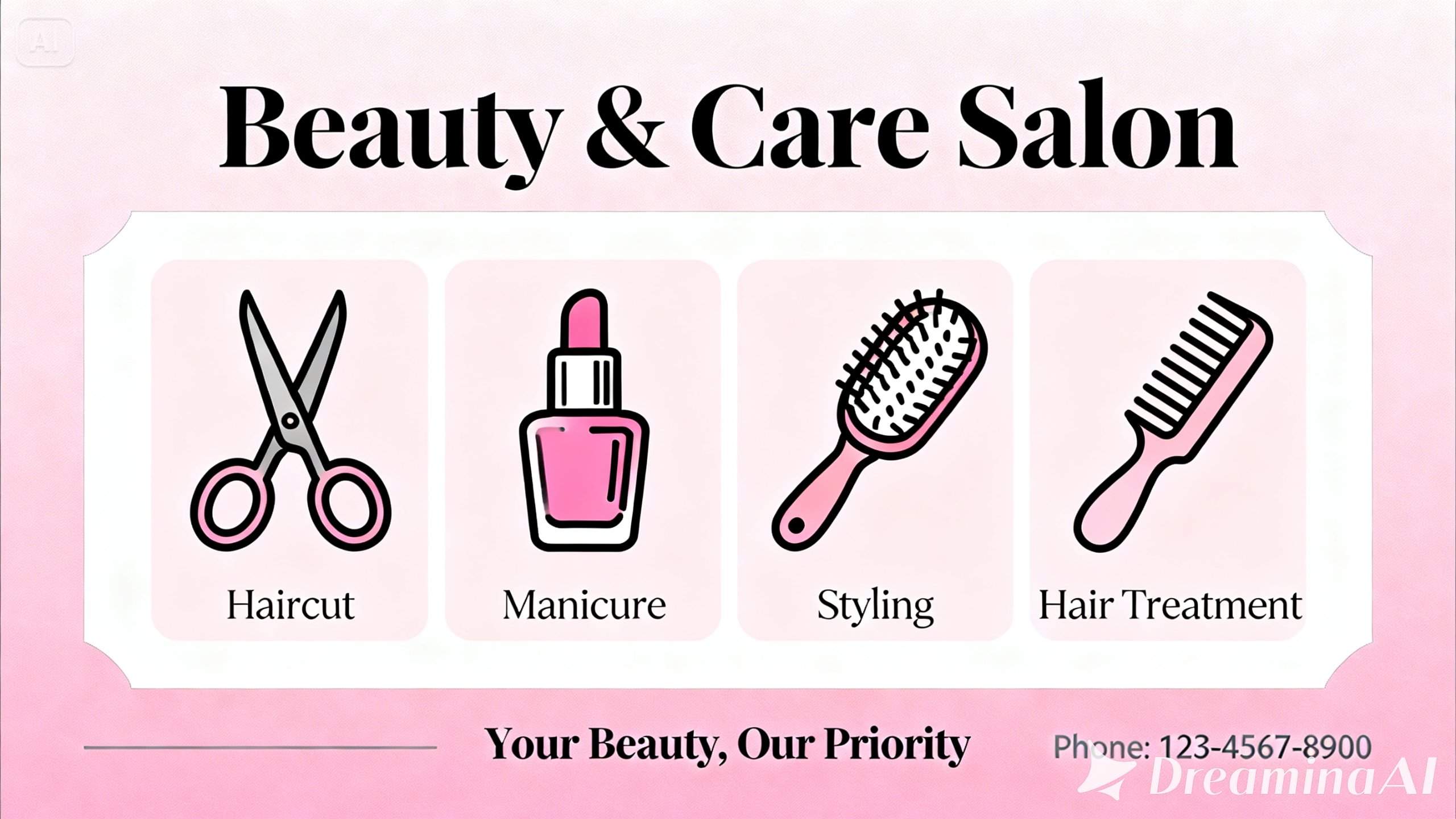 A salon poster that uses icons to stand for haircuts, manicures, and other services