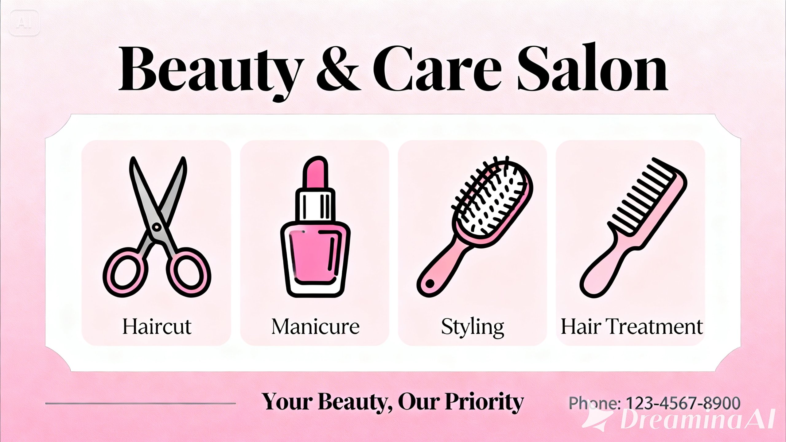 Un póster de salón que utiliza iconos para representar cortes de pelo, manicuras y otros servicios.
