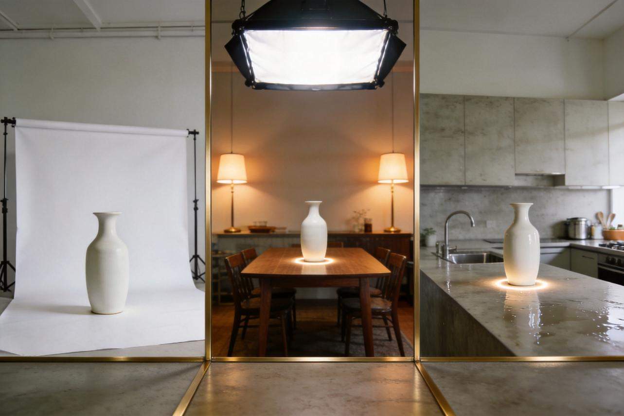 Three product staging setups show a white vase on a seamless backdrop, a dining table, and a kitchen counter.