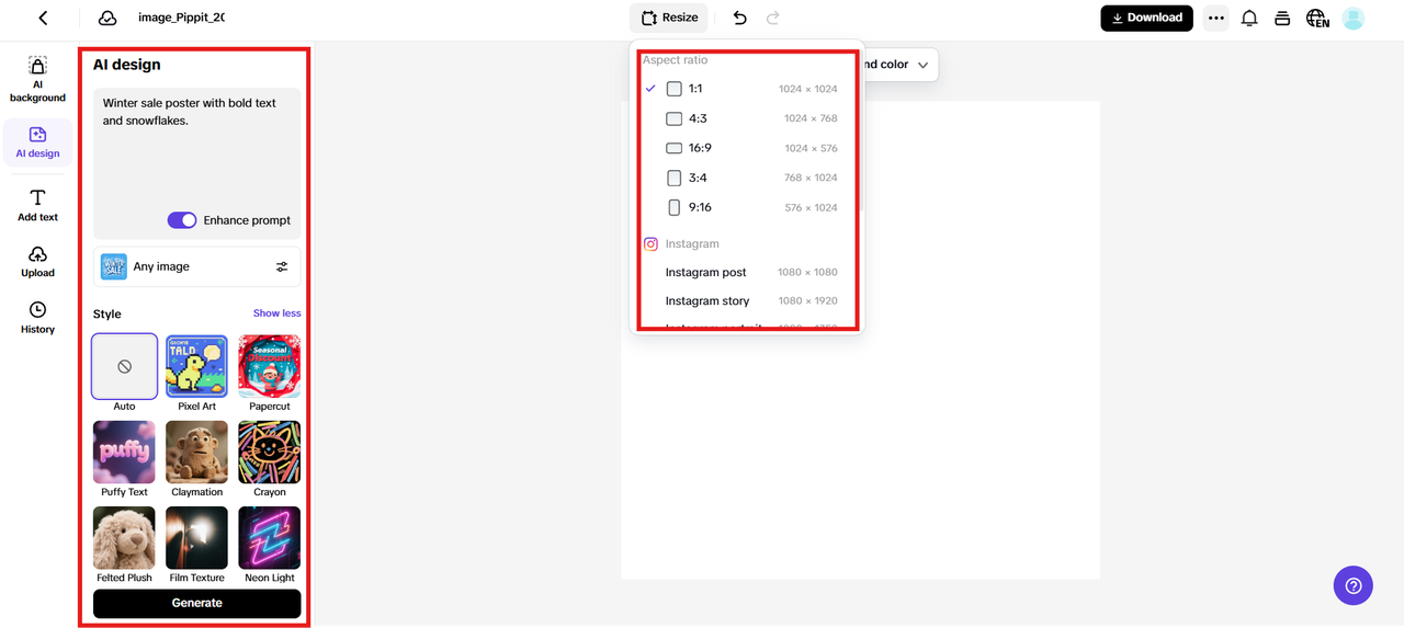 Enter prompt, choose image type and style