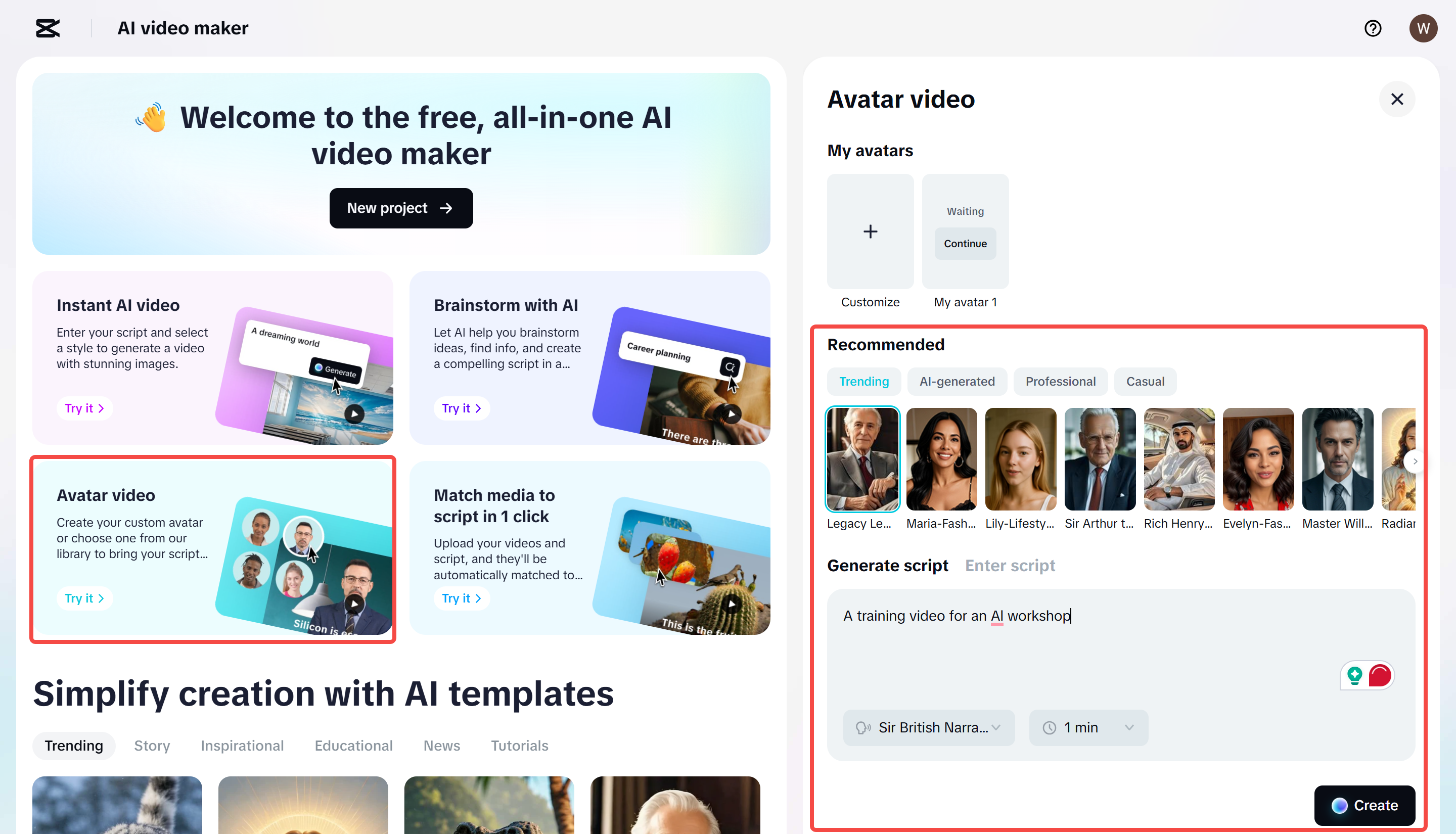 Generating a video with a script in CapCut Web