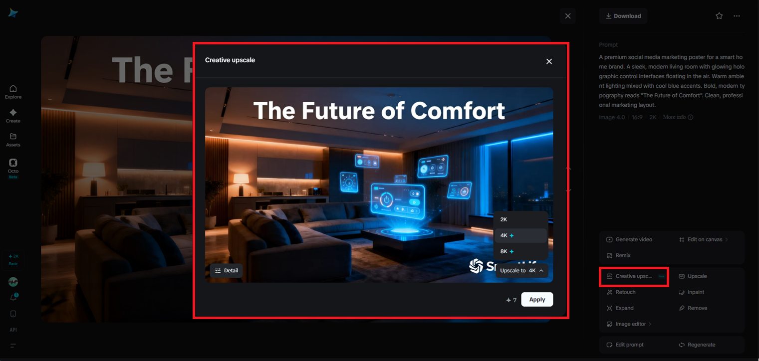 Creative upscale feature in Dreamina