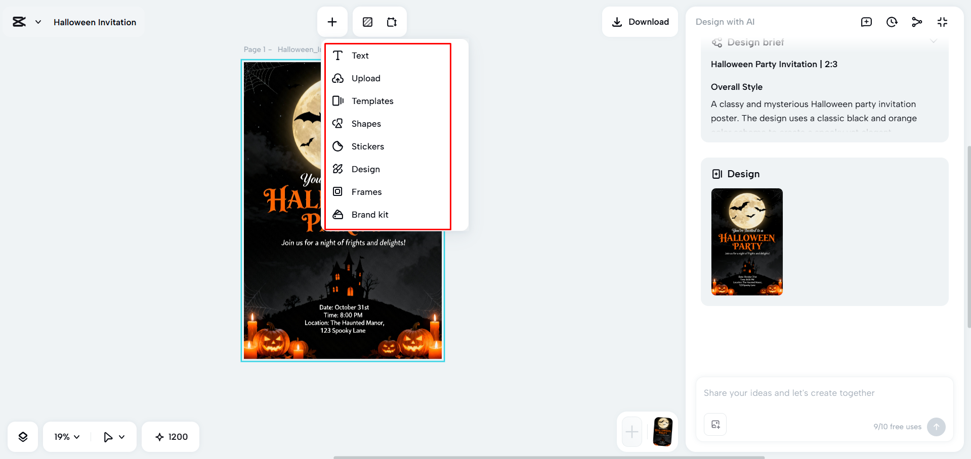 Editing the Halloween invitation with the AI Design tool in CapCut