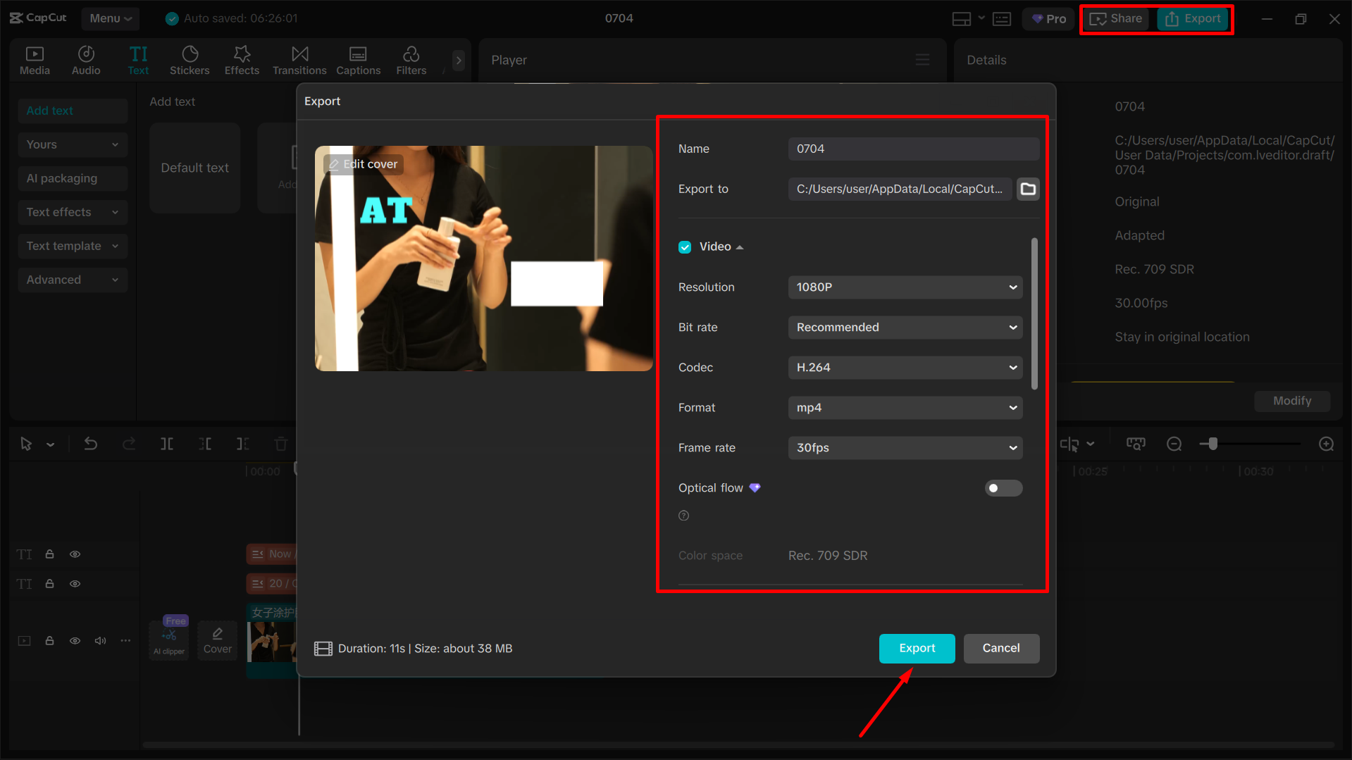 Exporting the final ad from the CapCut desktop video editor