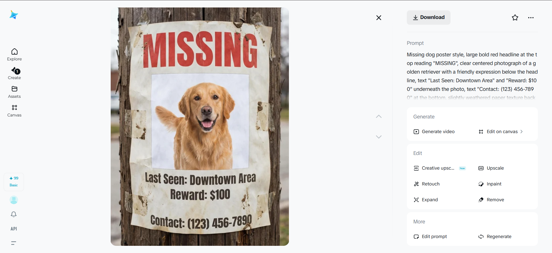 Missing pet poster creation on Dreamina