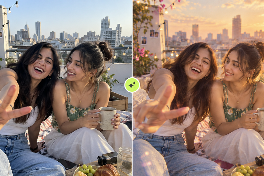 Candid rooftop portrait given a warm creative finish for social sharing