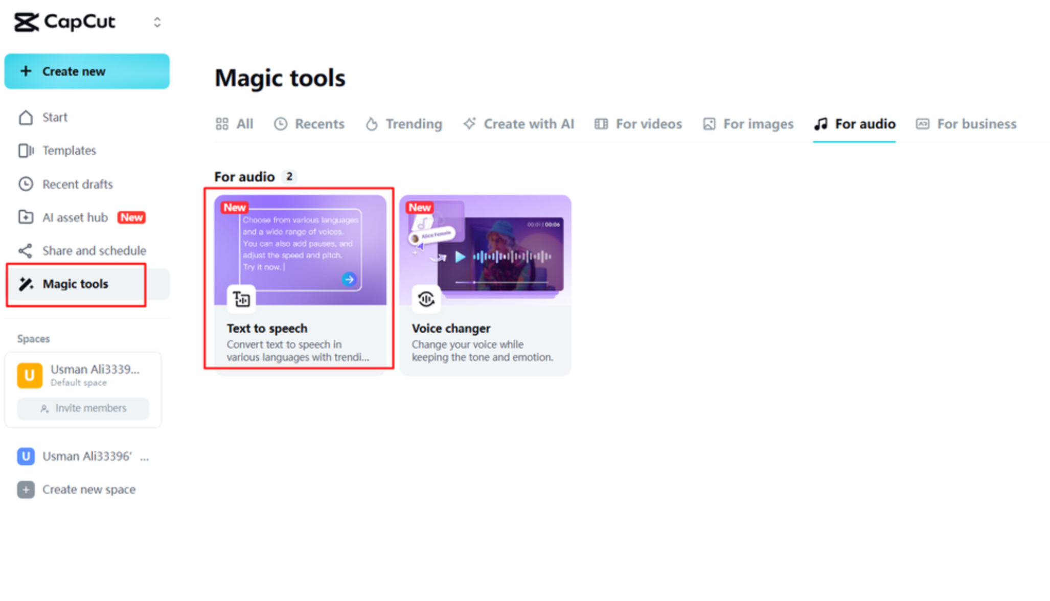Opening the text to speech tool in CapCut Web