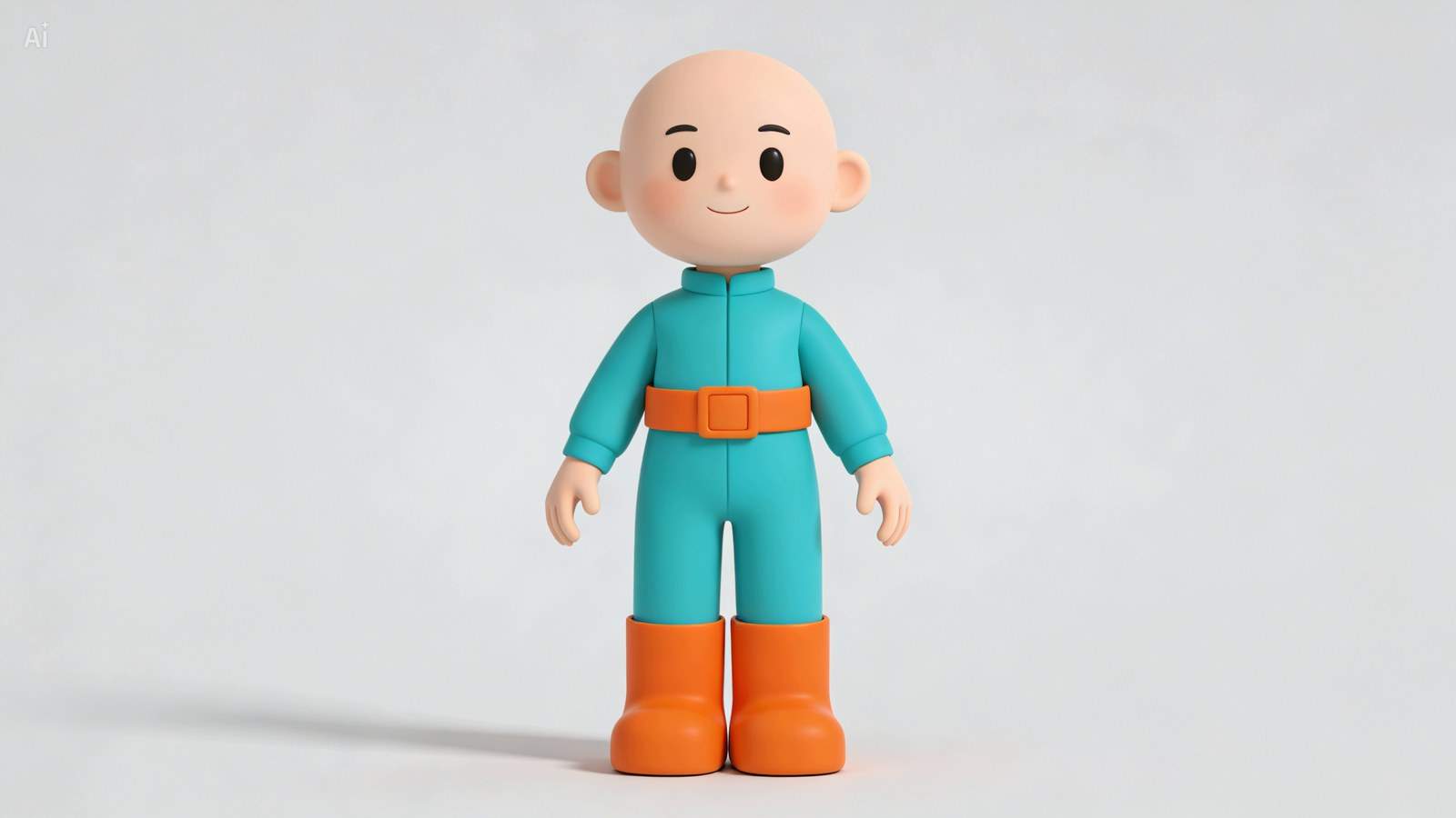A stylised 3D cartoon character in a teal jumpsuit with an orange belt and boots, standing full body against a plain pale background with arms held away from the sides.