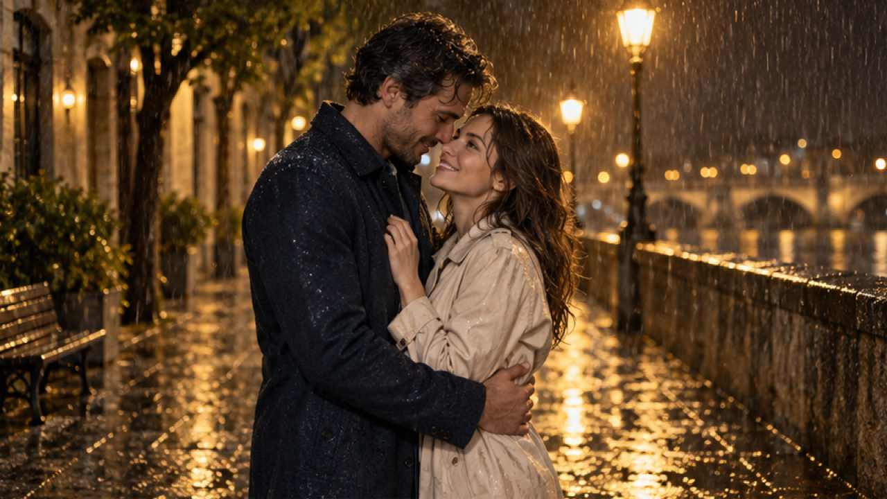 16:9 cinematic still of two adults embracing in gentle evening rain, navy coat and cream trench coat, faces visible in three-quarter view, amber streetlamp backlighting raindrops, wet pavement warm reflections, tasteful intimate medium-wide frame, no text or umbrella.