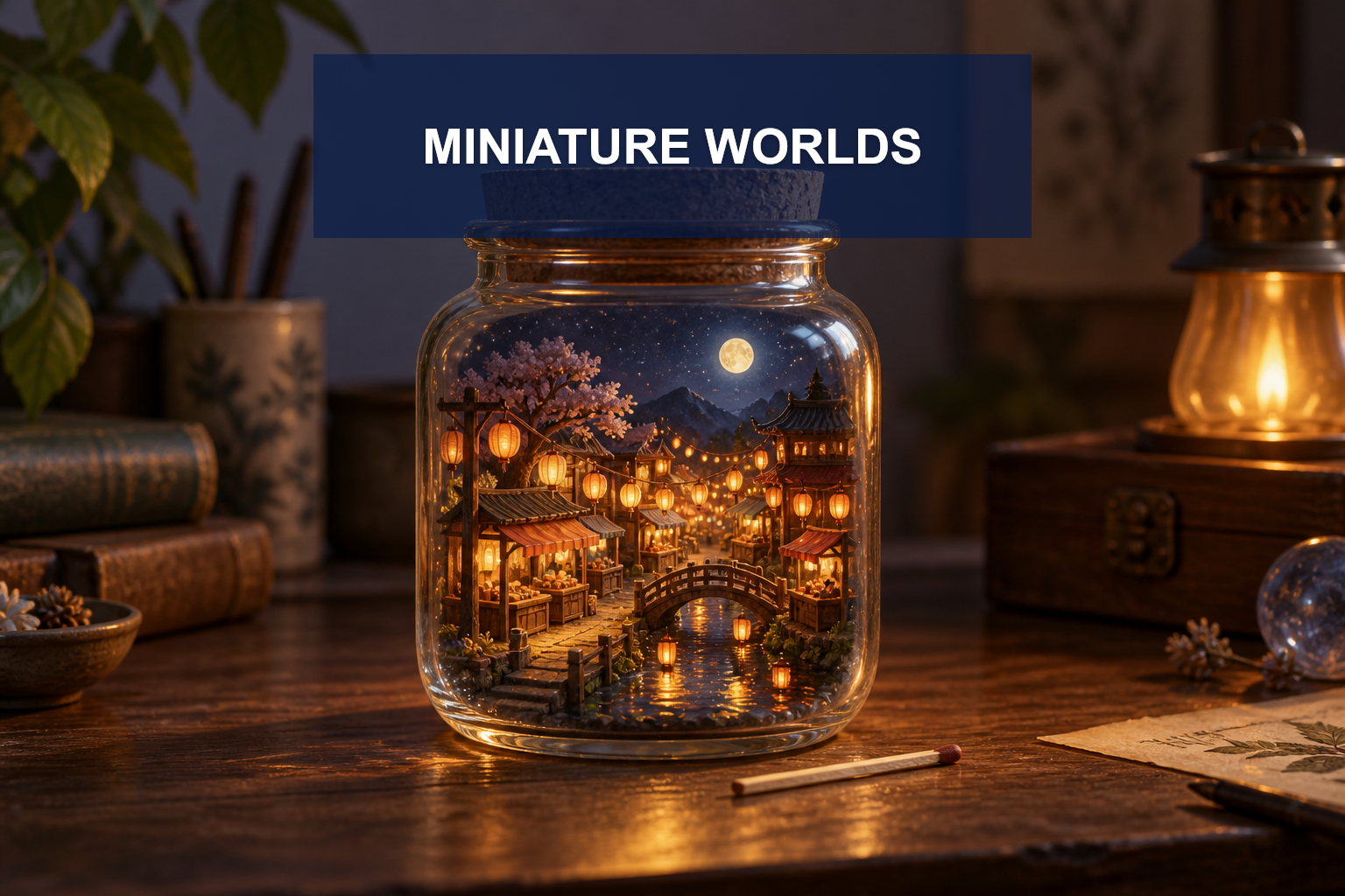 Original miniature night market inside a glass jar with a tea stall