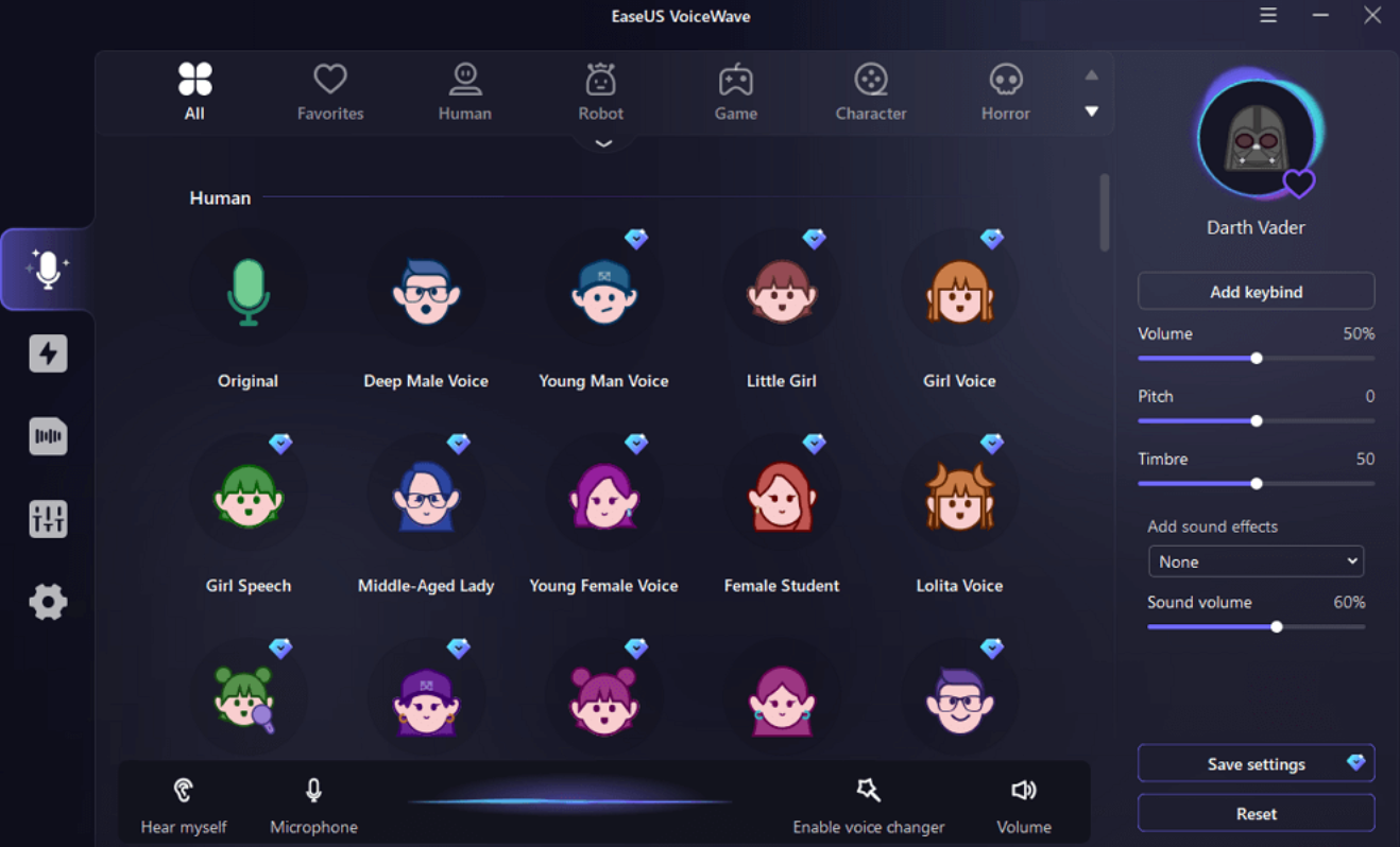 Interface of EaseUS - a user-friendly girl voice changer for Discord