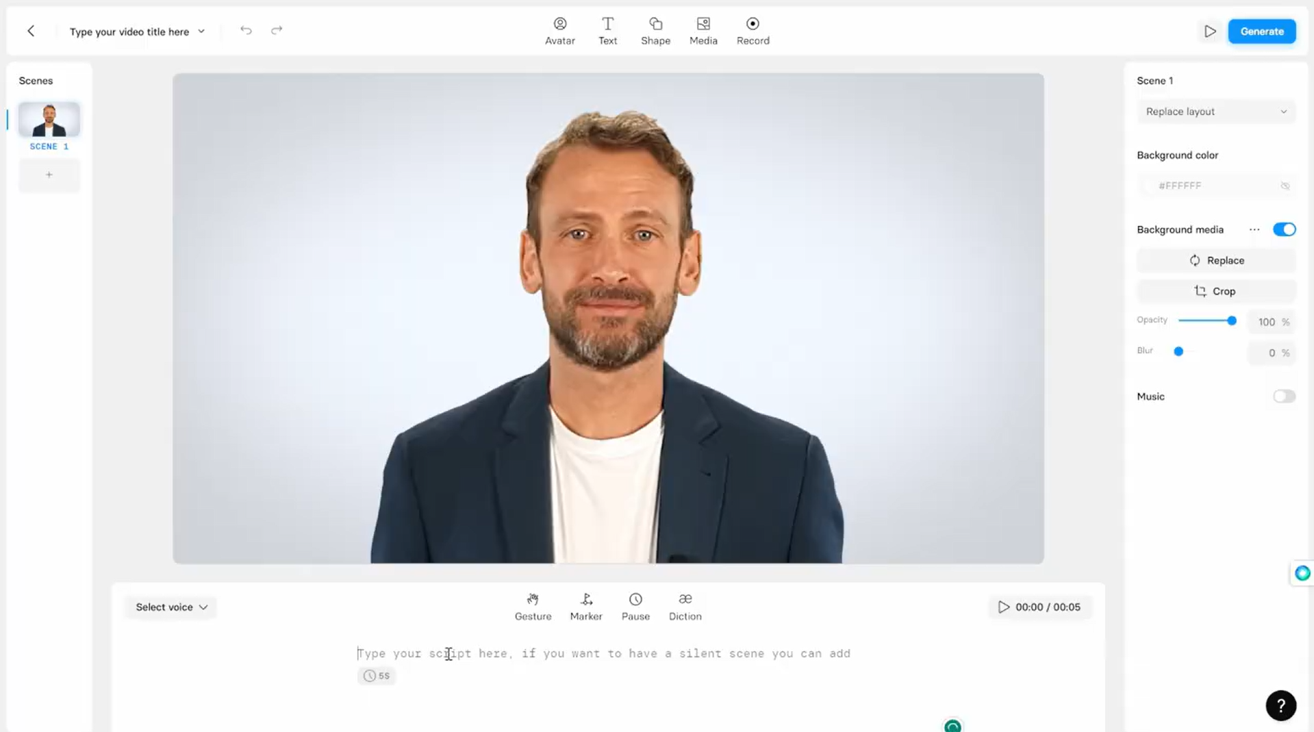 Adding a script and using an AI voice for Synthesia avatar