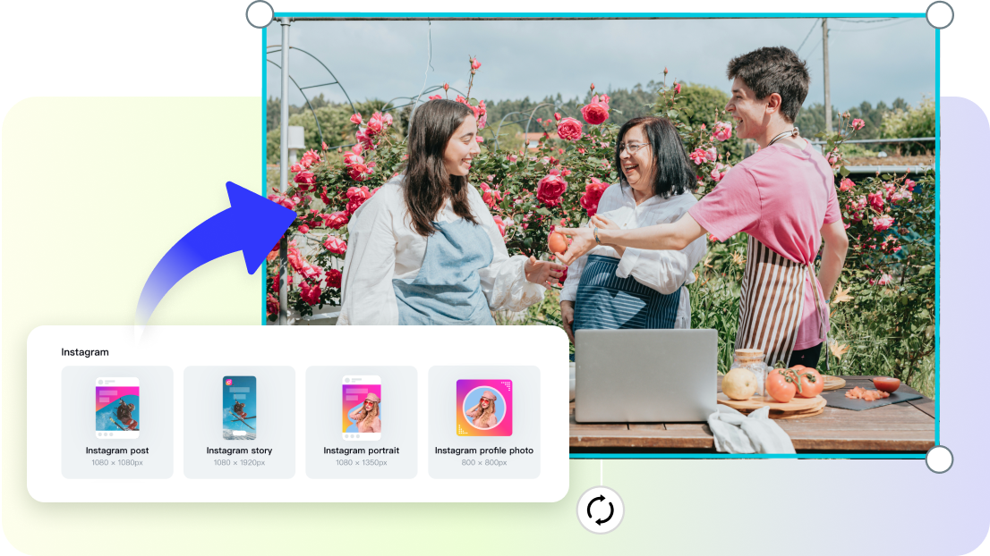 The Pippit Batch Edit interface showing a grid of 12 product photos. On the right panel, a user is selecting a "1:1 Instagram Post" size, and all images in the grid are being cropped accordingly.