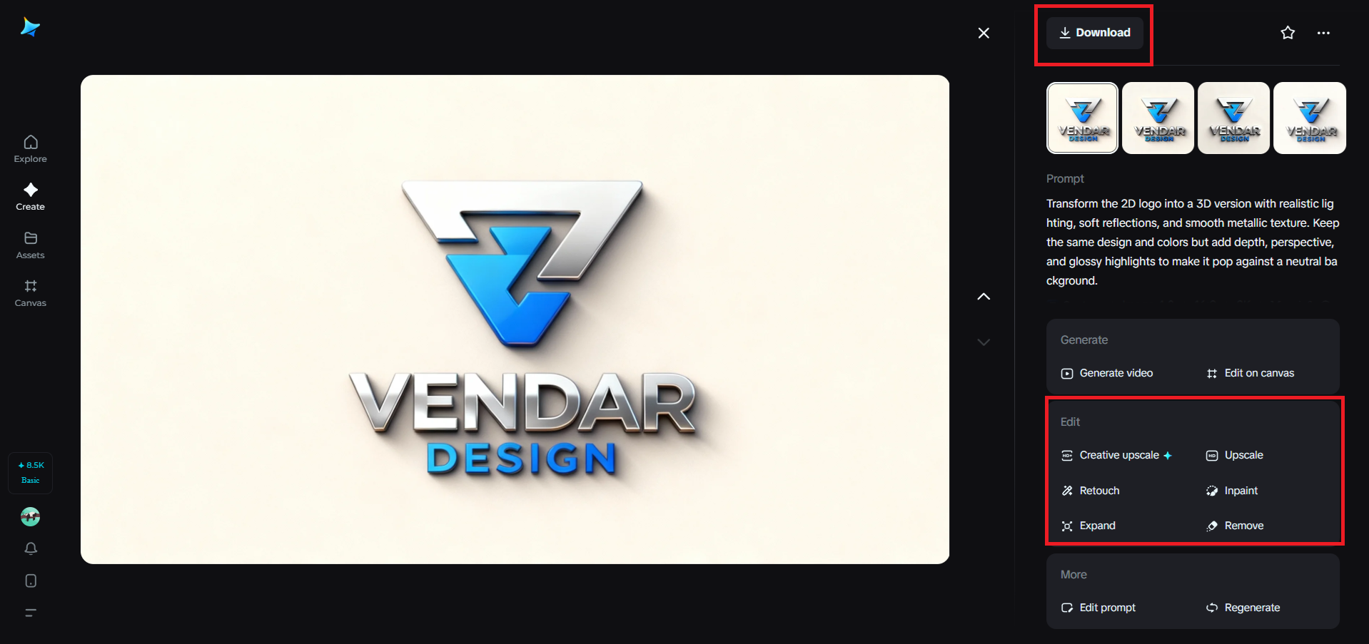 Review, edit, and download your 3D logo