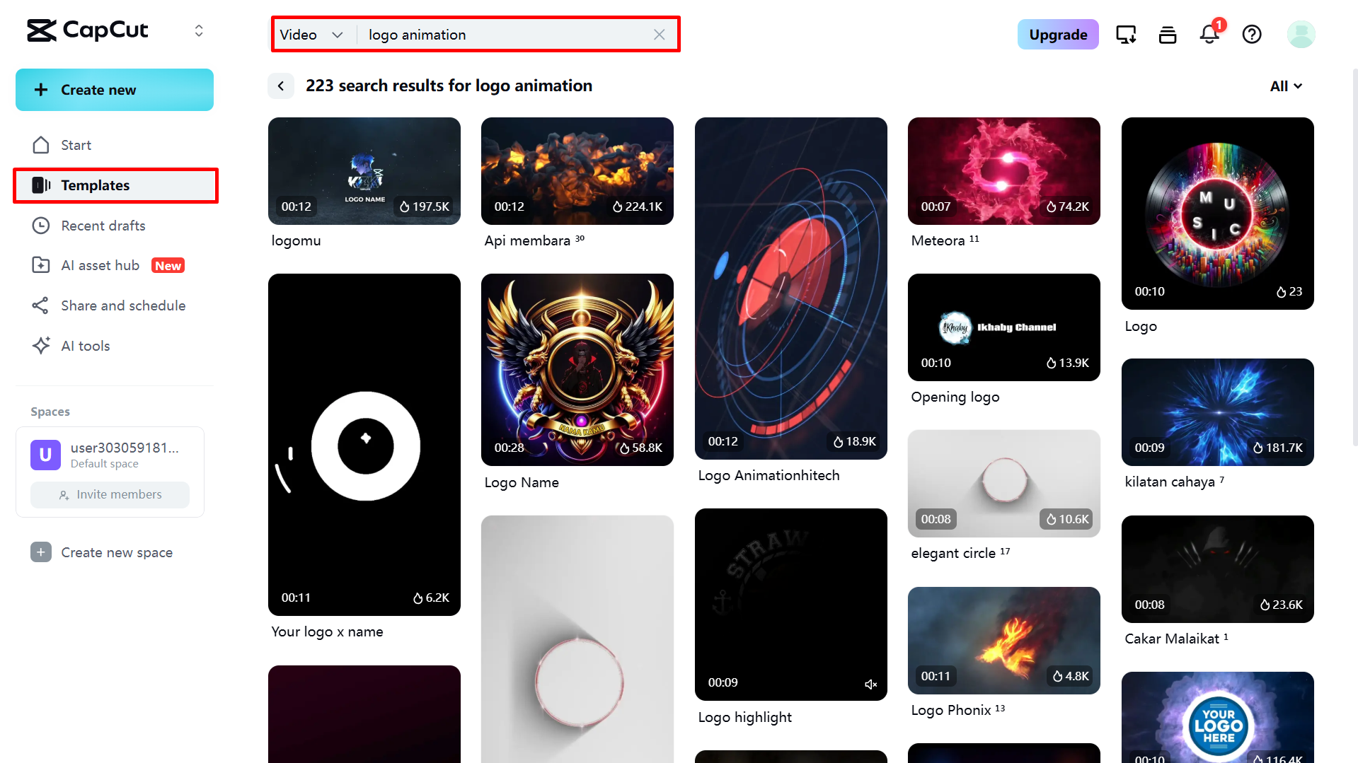 Choosing the logo animation template on the CapCut Web