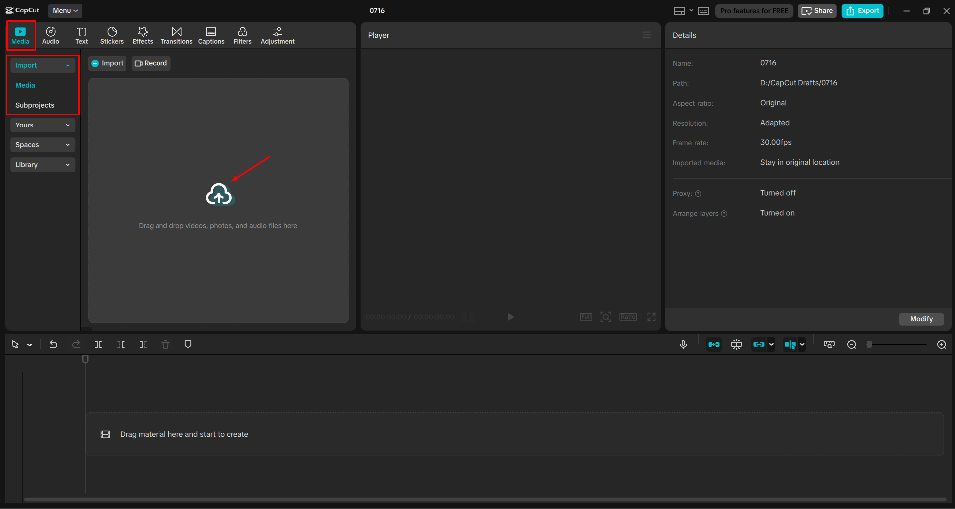 Importing a video into the CapCut desktop video editor